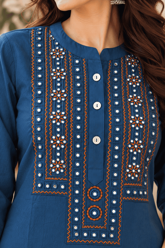 Teal Blue Embroidered Rayon Kurta Pant Set
