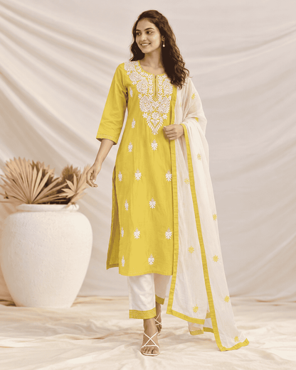 Yellow Embroidered Cotton Blend Kurta Pant and Dupatta