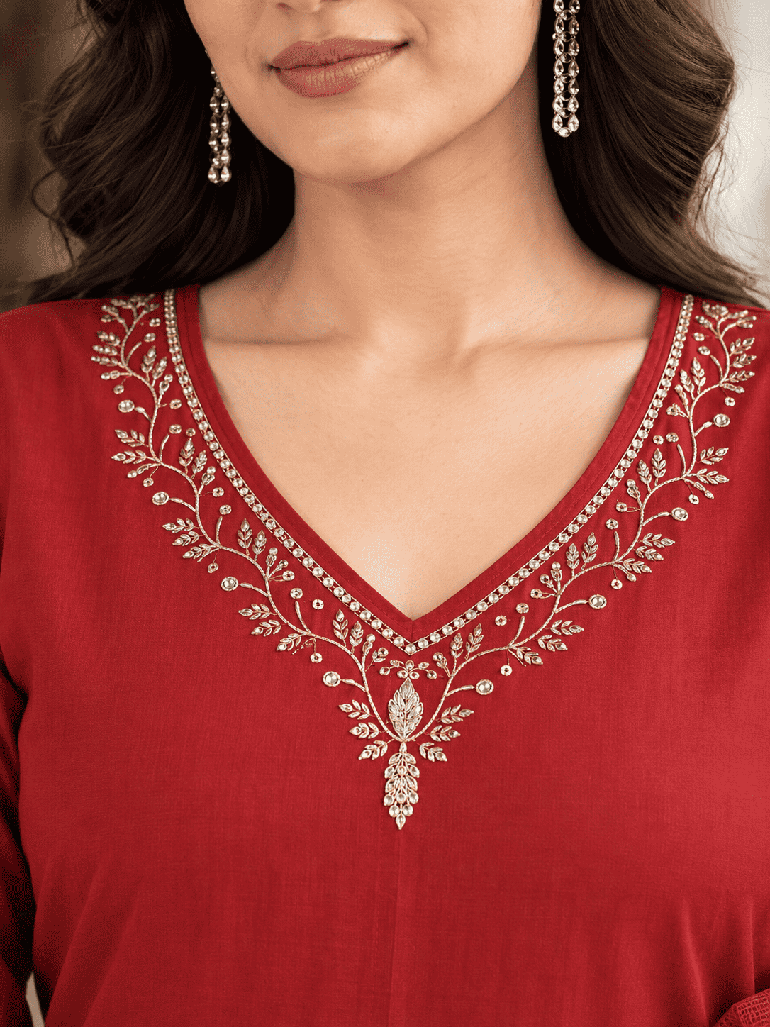 Maroon Embroidered Rayon Kurta Pant and Dupatta