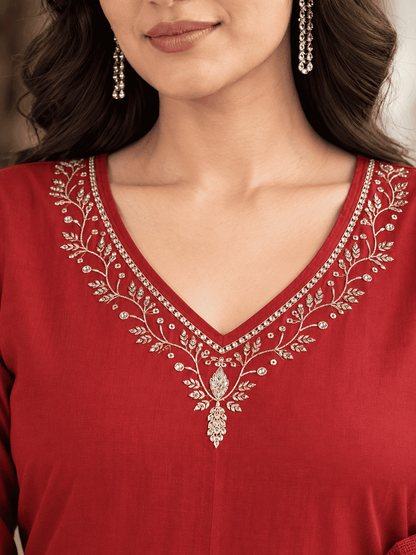 Maroon Embroidered Rayon Kurta Pant and Dupatta