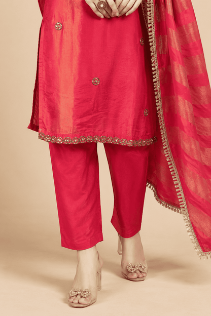 Rani Pink Embroidered Tissue Shimmer Kurta Pant and Dupatta