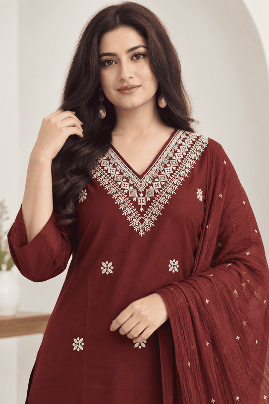 Deep Maroon Embroidered Cotton Blend Kurta Pant and Dupatta