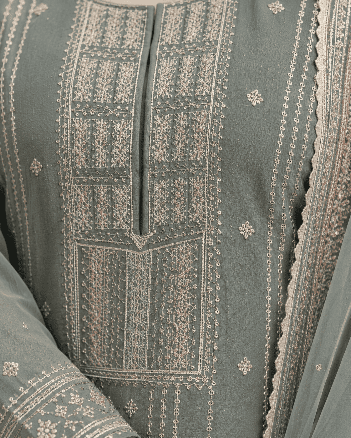 Unstitched Soft Sage-Green Organza With Fine Shimmer And Intricate Ivory Threadwork Suit Material