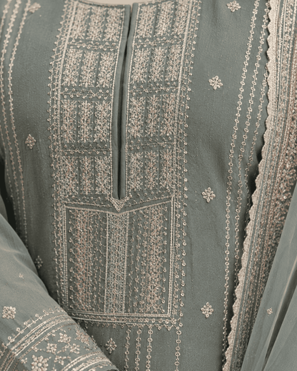 Unstitched Soft Sage-Green Organza With Fine Shimmer And Intricate Ivory Threadwork Suit Material