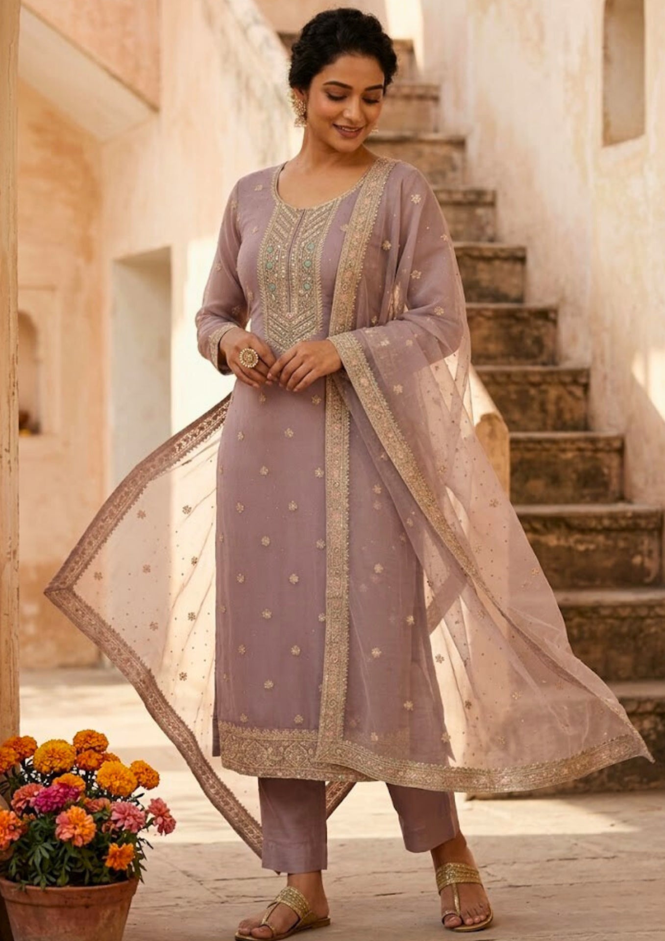 Semi Stitched Sheer Chiffon Lilac With Sequins Suit Material