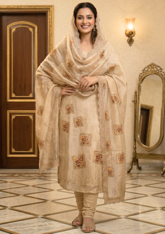 Semi-Stitched Mauve Lilac Chiffon Suit With Heavy Floral Sequin Border Detailing