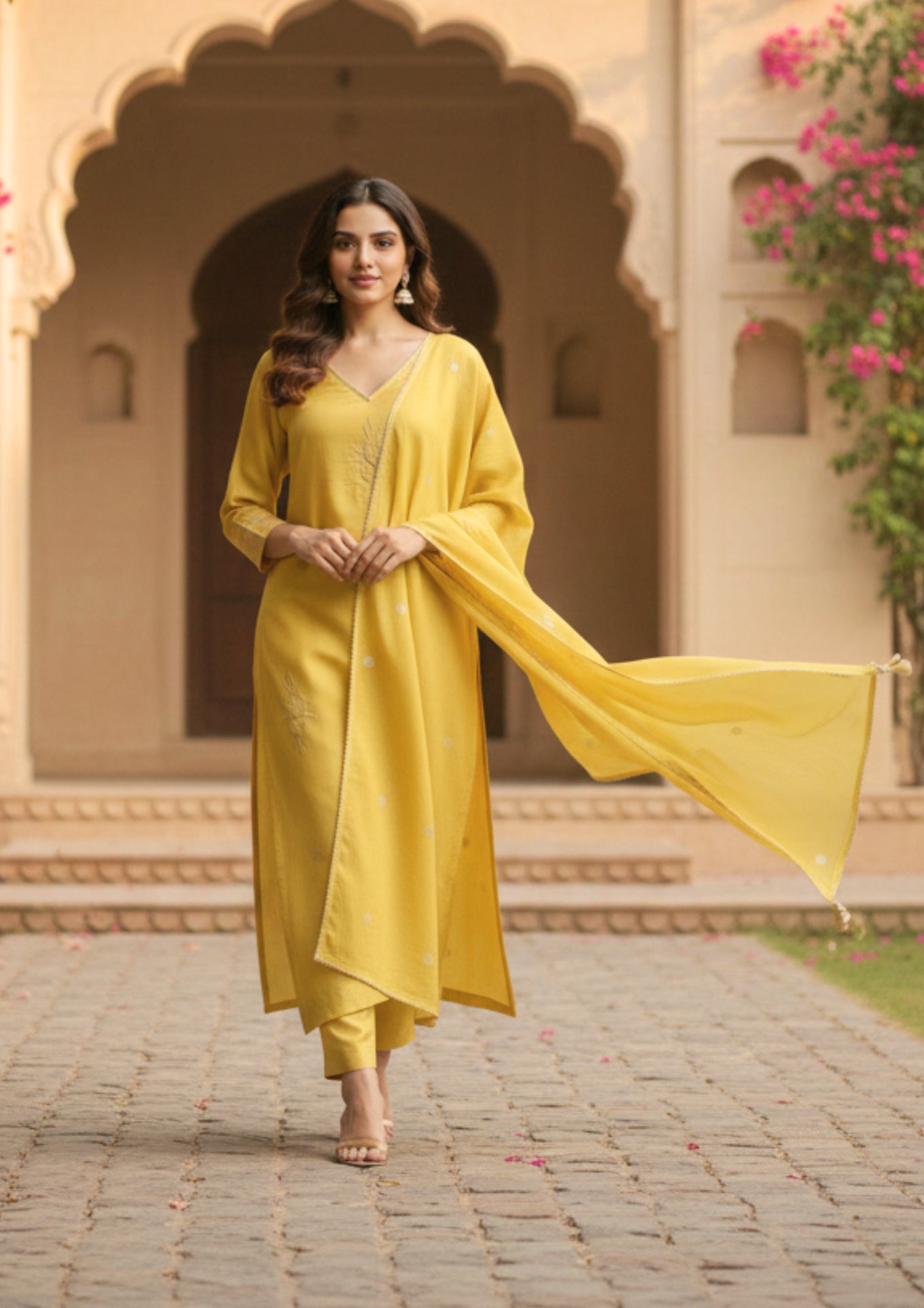 Olive Embroidered Cotton Mix Kurta Set With Dupatta