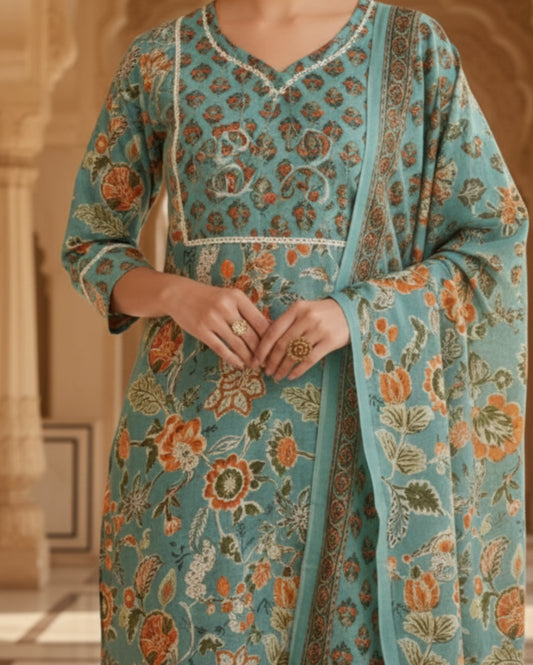 Floral Sea-Green Cotton Kurta With Patterned Straight Trouser Paired With Dupatta