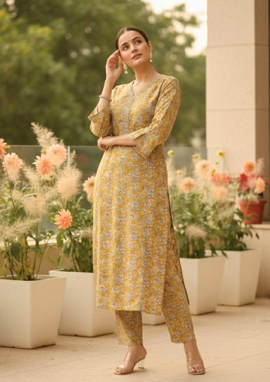 Mustard Cotton Floral Printed Kurta