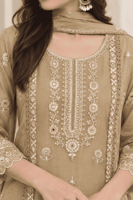 Beige Floral Embroidered Mul Cotton Kurta Pant With Dupatta
