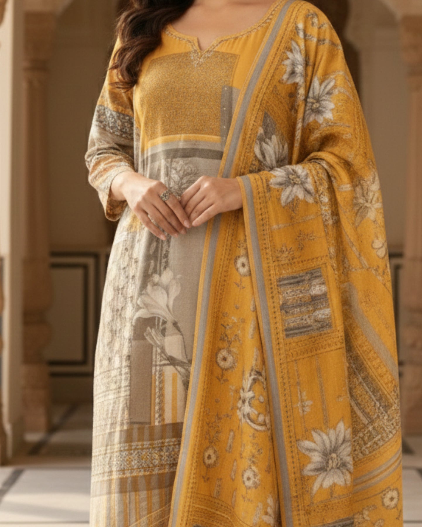 Grey Mustard Printed Sequin Detailed Cotton Linen Kurta Set With Dupatta