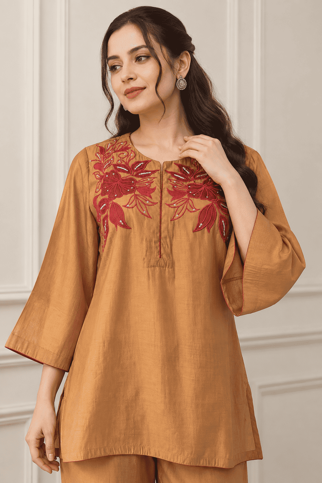 Tan Brown Embroidered Cotton Blend Kurta Pant Set