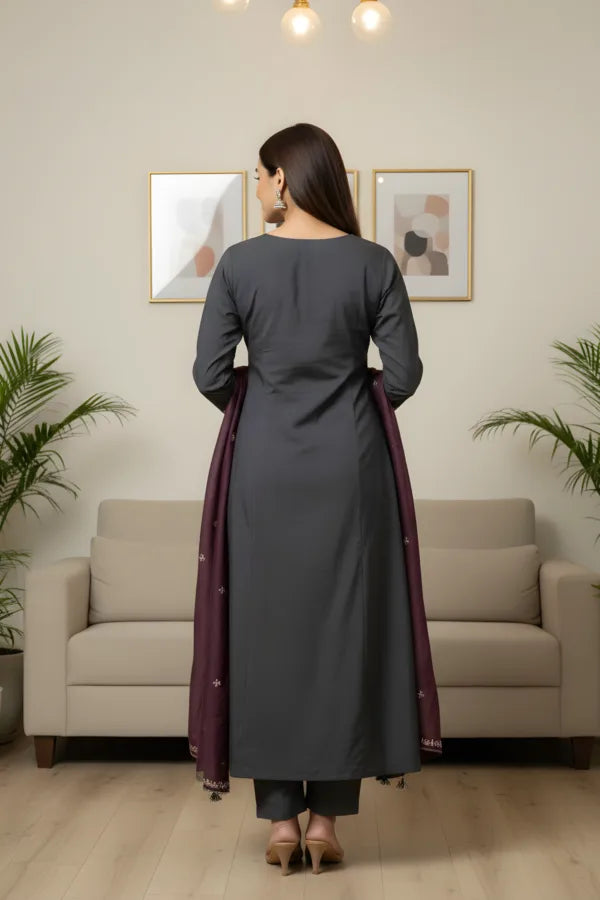 Georgette Embroidered Grey kurta set with maroon dupatta