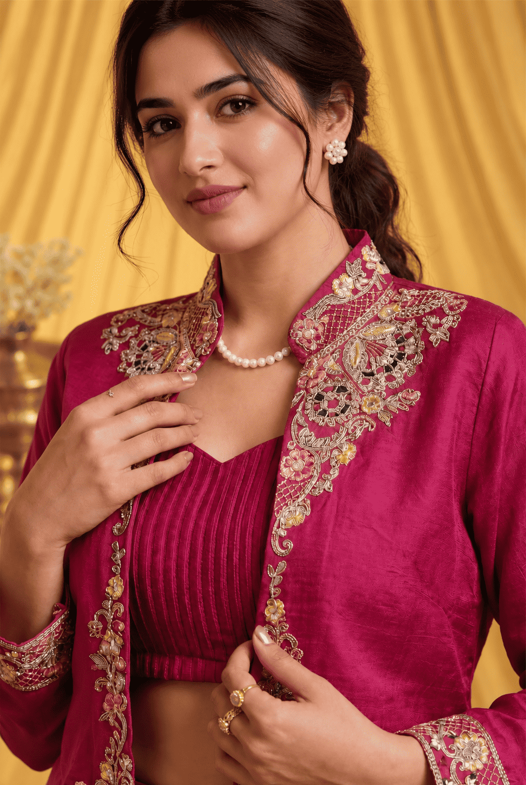 Red silk blend with embroidery jacket lehenga set