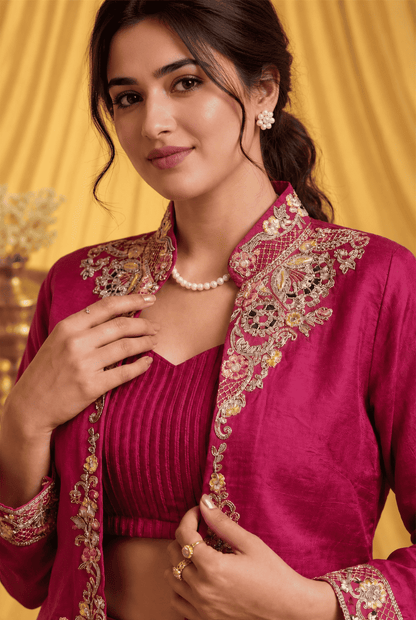 Red silk blend with embroidery jacket lehenga set