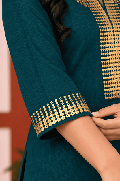 Dark Green Silk Blend Embroidered Kurta Pant Set