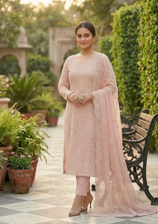 Semi-Stitched Soft Blush Pink Georgette Suit With Intricate Pastel Thread And Sequin Embroidery