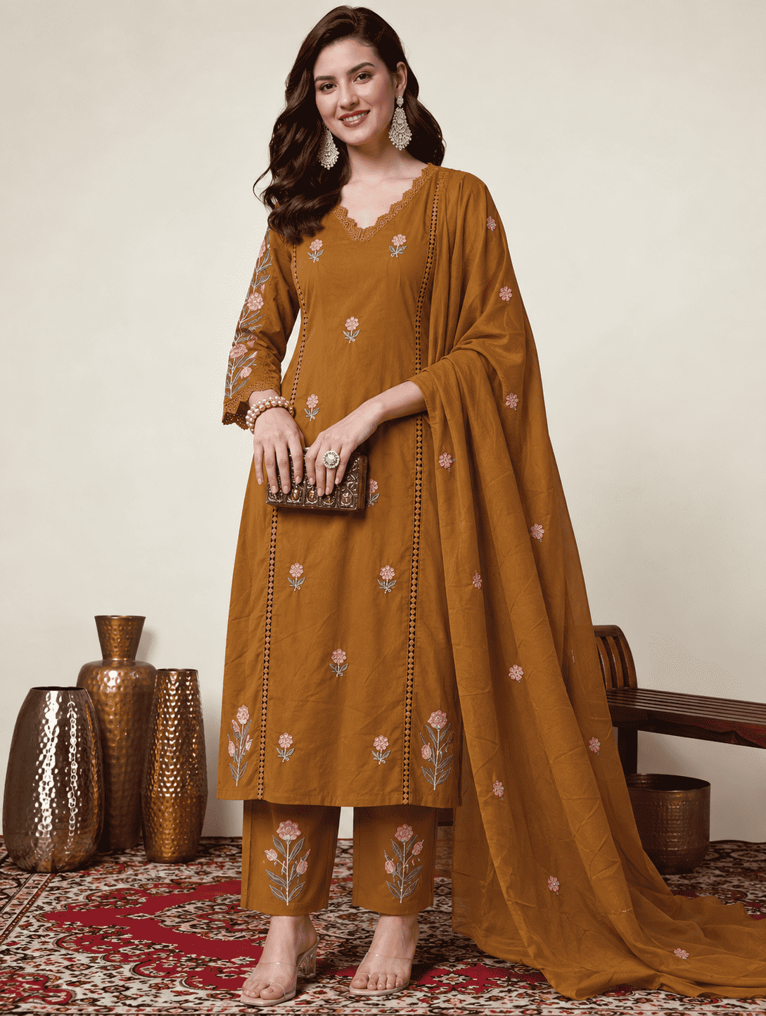 Mustard Embroidered Mul Cotton Kurta and Pant with Dupatta