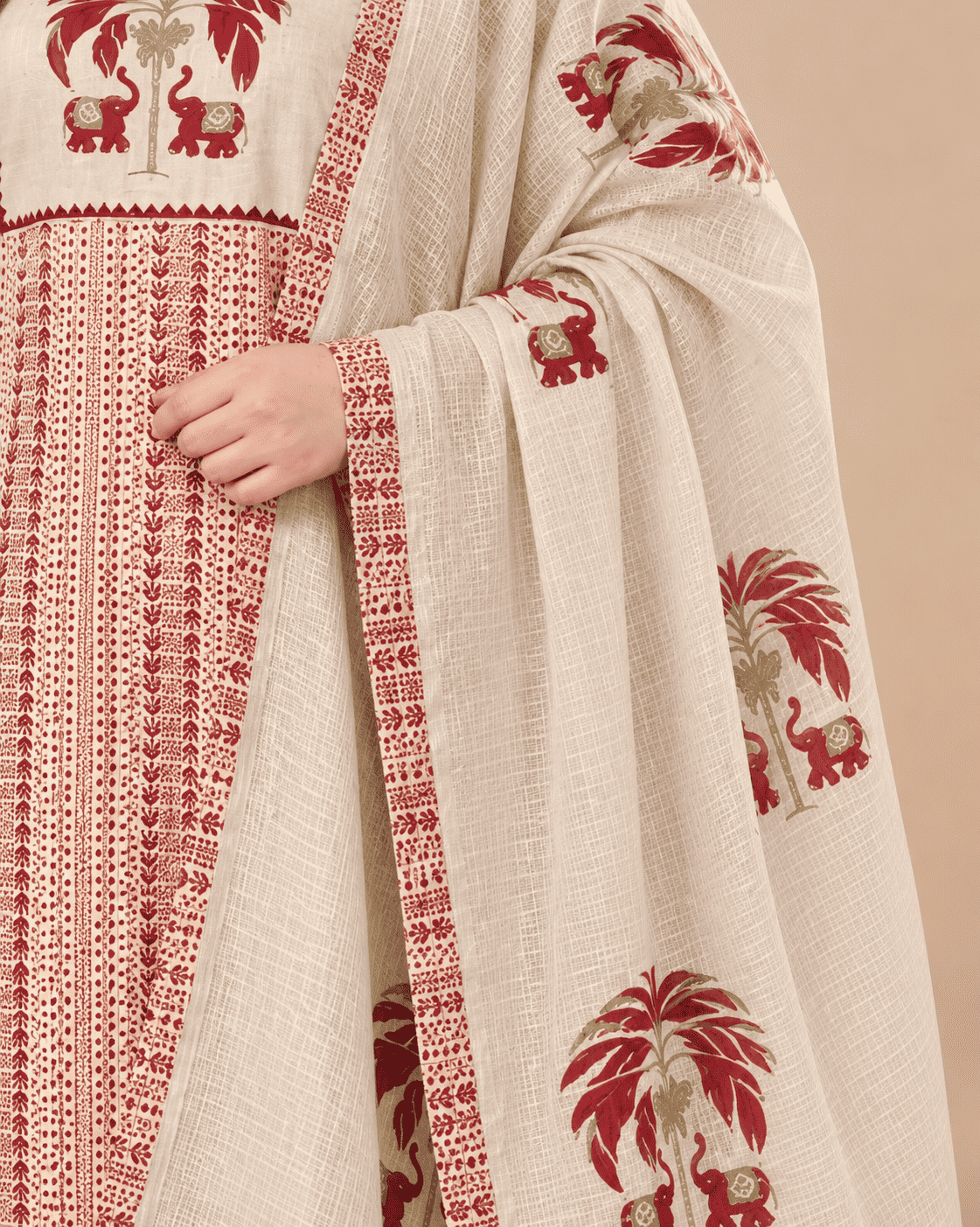 Off White in maroon tone printed cotton kurta and pant with dupatta