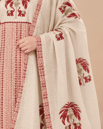 Off White in maroon tone printed cotton kurta and pant with dupatta