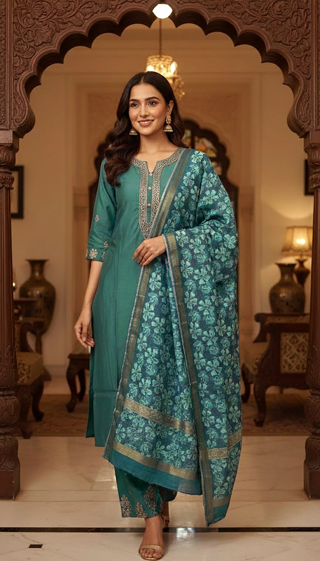 Teal Embroidered Neckline Cotton Mix Kurta Set With Dupatta