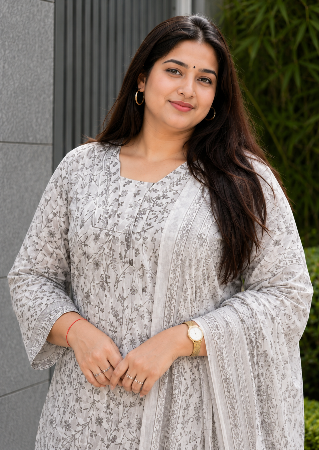 White And Grey Floral Printed Cotton Kurta Pant With Dupatta