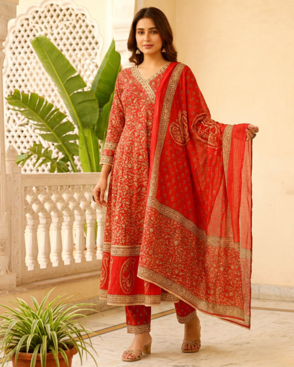 Vibrant Red Cotton Floral Handblock Sangneri Angrakha-Style Kurta Set With Dupatta