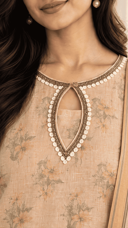 Peach Floral Printed Linen Kurta Pant and Dupatta