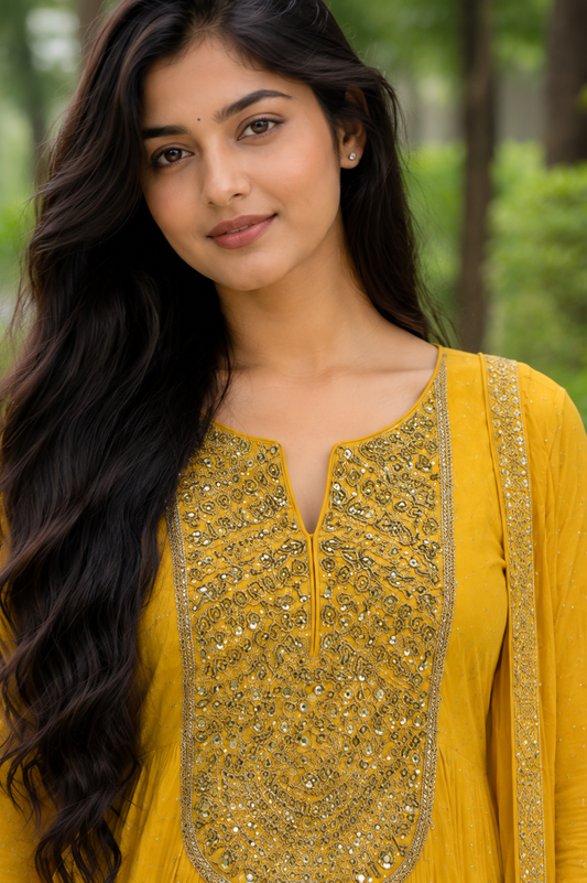 Yellow Mul Chanderi Embroidered Anarkali Kurta and Dhoti Pant With Dupatta