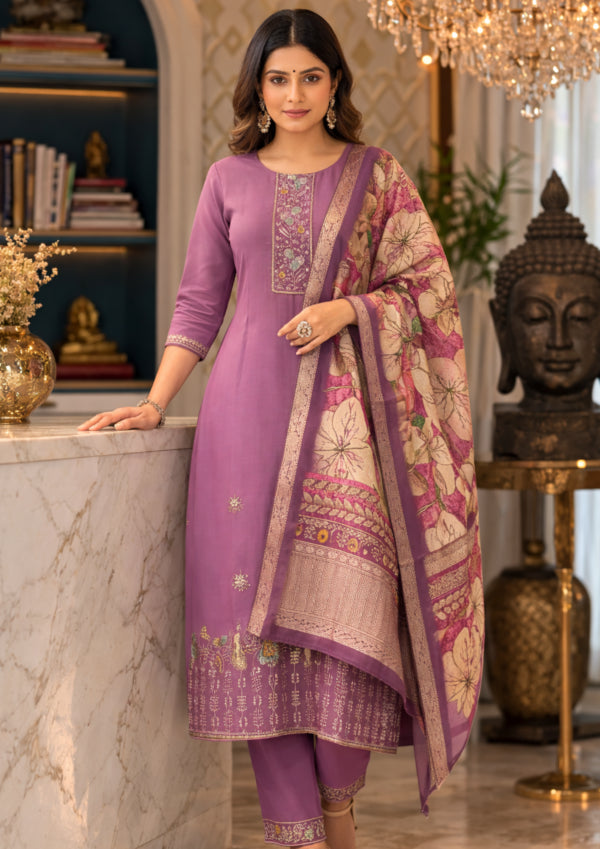 Lavender Cotton Blend Kurta Pant With Floral Printed Dupatta