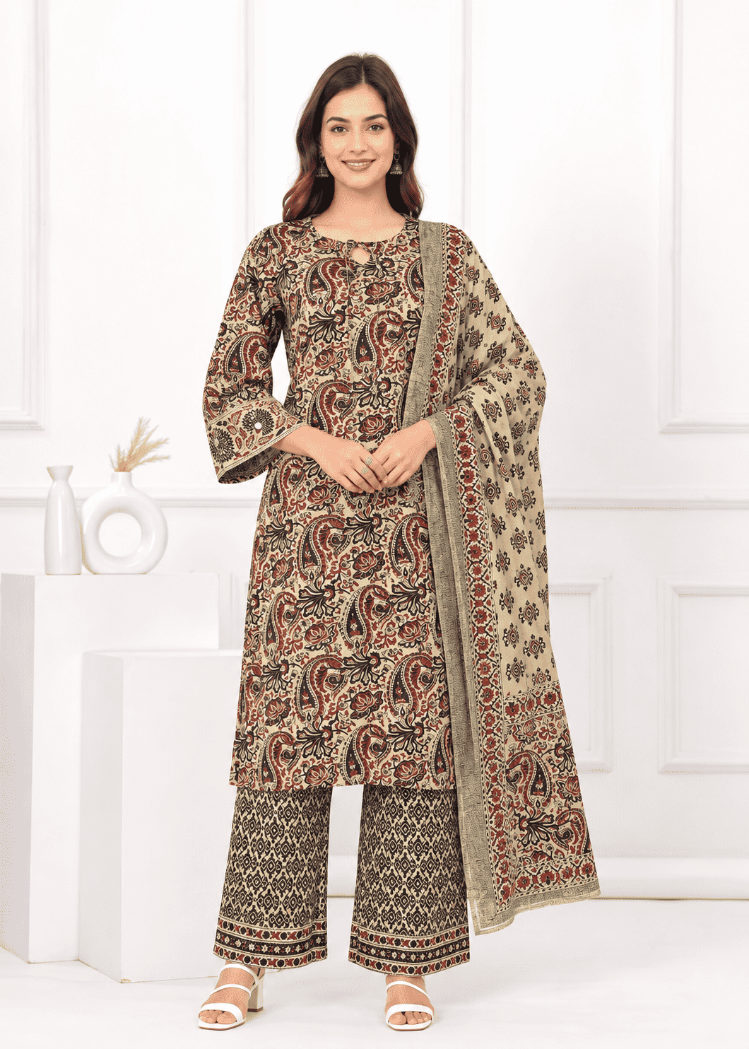 Ivory, Maroon & Deep Indigo Printed Cotton Blend Kurta Pant and Dupatta
