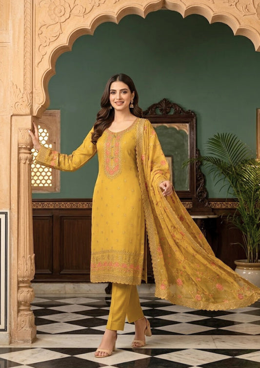 Semi-stitched Soft Chiffon-Muslin In Mustard-Gold With Delicate Sequin Floral Embroidery Suit Material