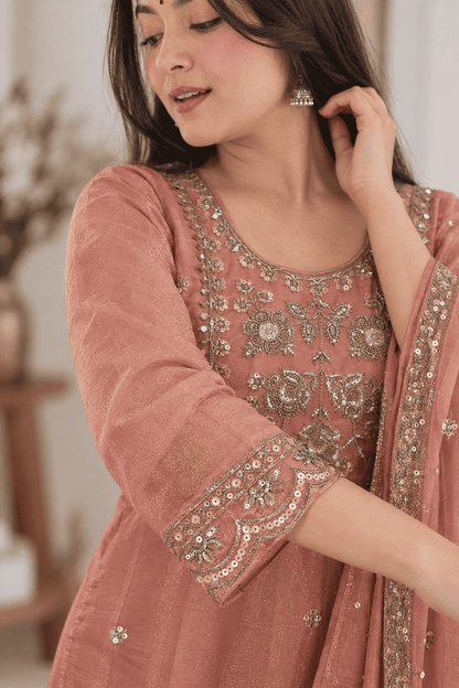 Peach Embroidered Shantoon Kurta Pant and Dupatta