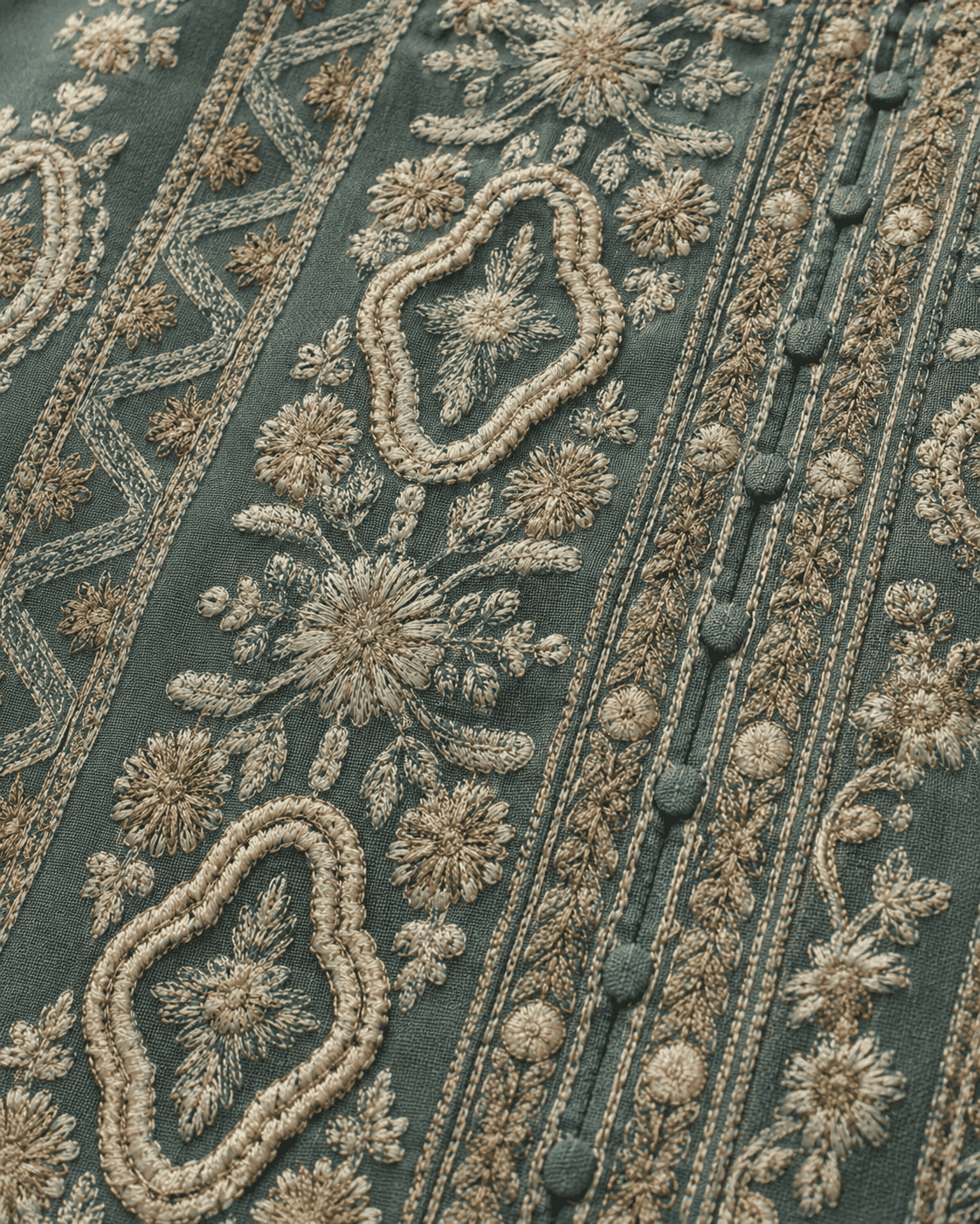 Unstitched Dusty Mustard Olive Green Viscose-Georgette Fabric Adorned With Delicate Ivory Thread Embroidered Suit Material