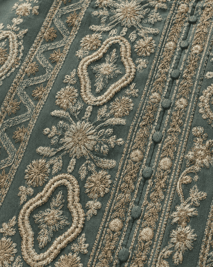 Unstitched Dusty Mustard Olive Green Viscose-Georgette Fabric Adorned With Delicate Ivory Thread Embroidered Suit Material
