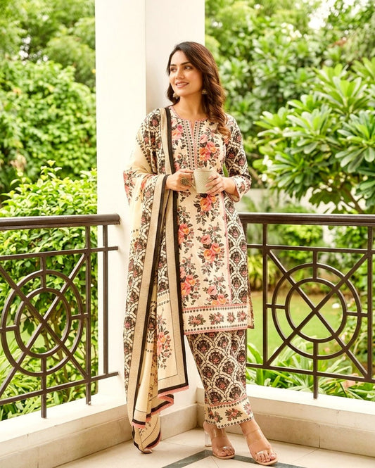 Coral Detailed Cream Floral Bagru Printed Cotton Kurta Set With Dupatta
