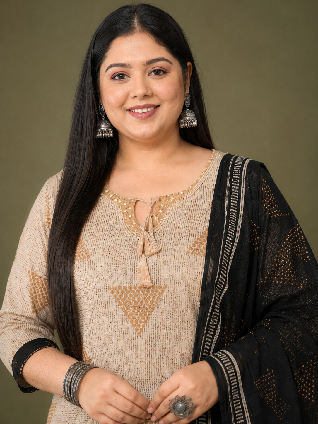 Beige And Black Block Printed Cotton Kurta Pant With Dupatta