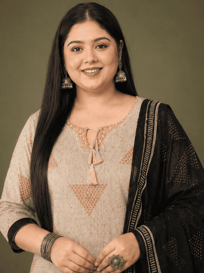Beige And Black Block Printed Cotton Kurta Pant With Dupatta