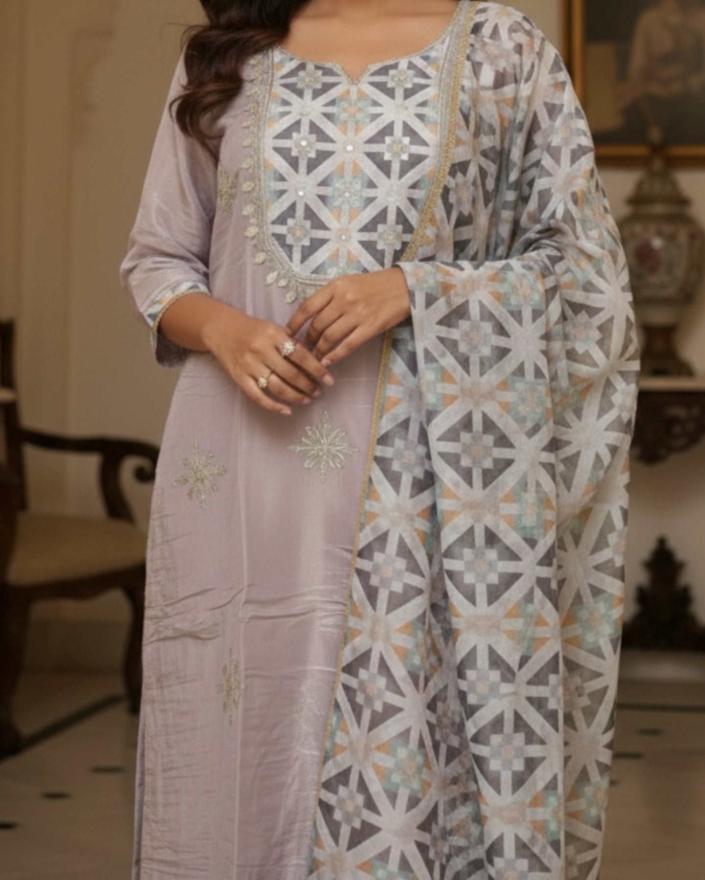 Pastel Geometric Printed Sequin Chinon Kurta Set With Dupatta