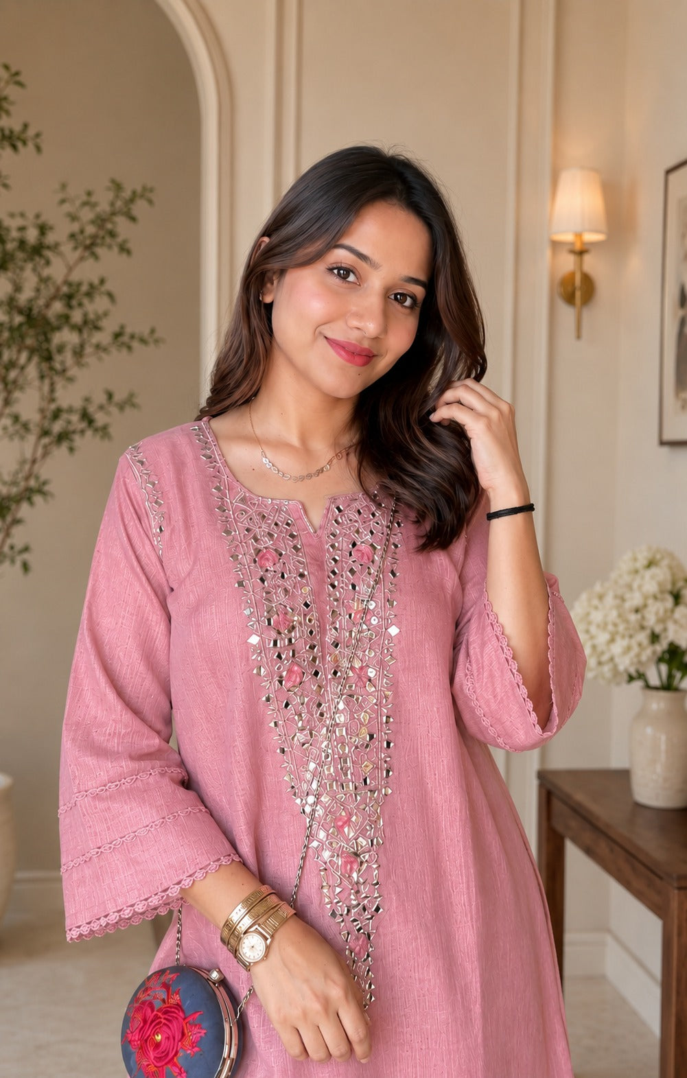 Dusty Pink Cotton Blend Embroidered Kurta With Pant