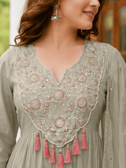 Mint Green Crunchy with embroidery kurta pant with net dupatta
