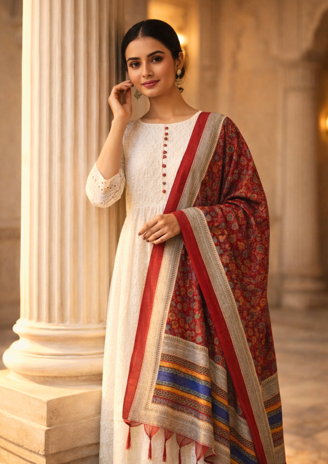 White Chikankari Kurta Pant With Red Printed Dupatta