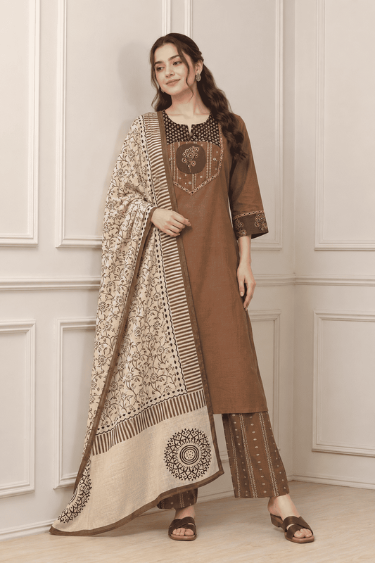 Brown Handloom Cotton Kurta and Pant With Dupatta