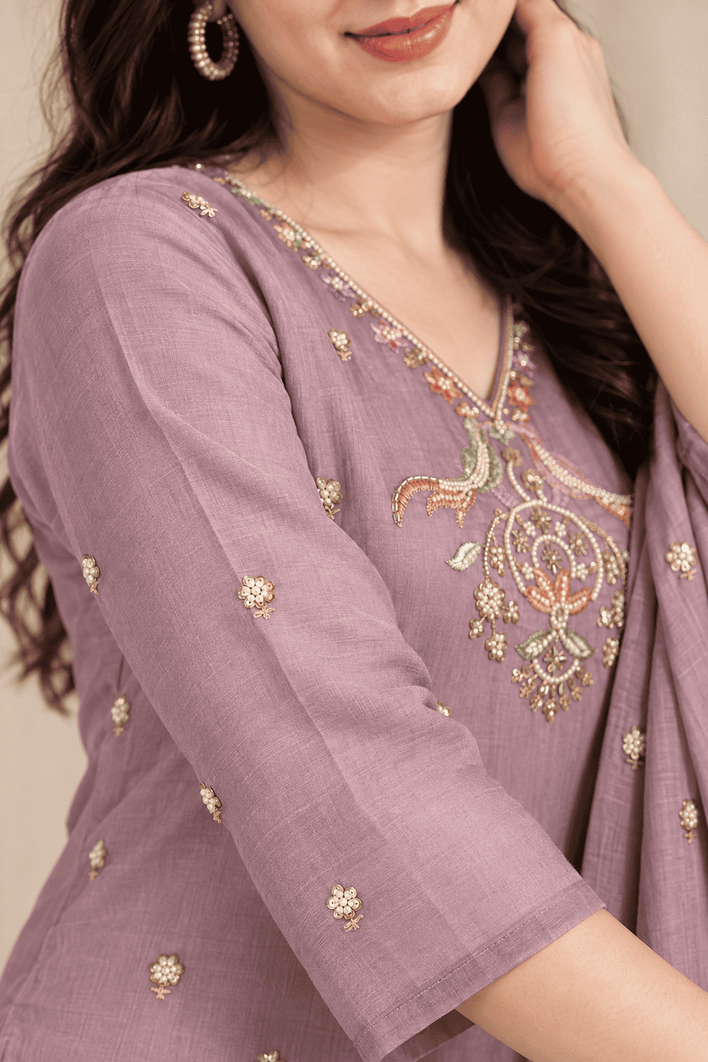 Lavender Embroidered Silk Blend Kurta Pant and Dupatta