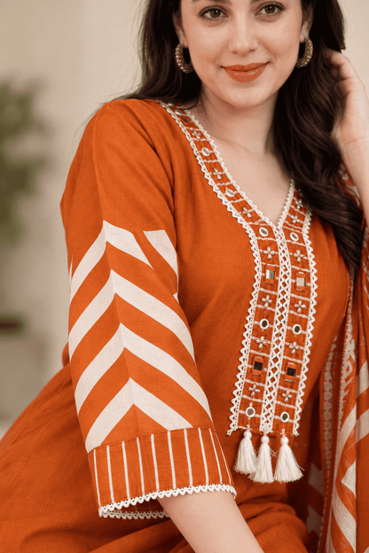 Rust Orange Printed Cotton Blend Kurta Pant and Dupatta