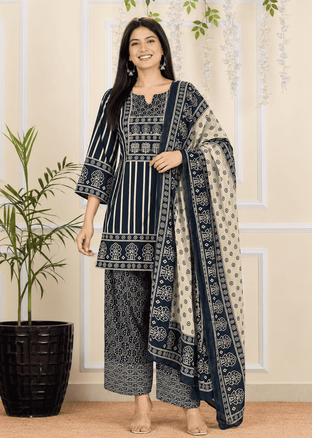 Dark Blue and Ivory Cotton Blend Kurta Pant and Dupatta