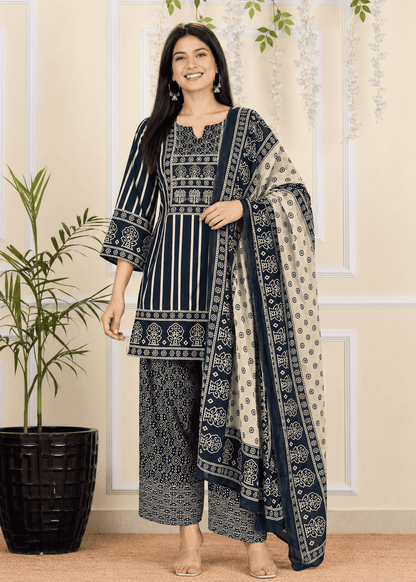 Dark Blue and Ivory Cotton Blend Kurta Pant and Dupatta