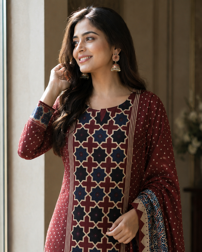 Maroon Printed Cotton Blend Kurta and Pant with Dupatta