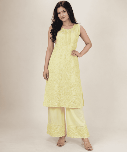 Yellow Embroidered Viscose Kurta Pant Set
