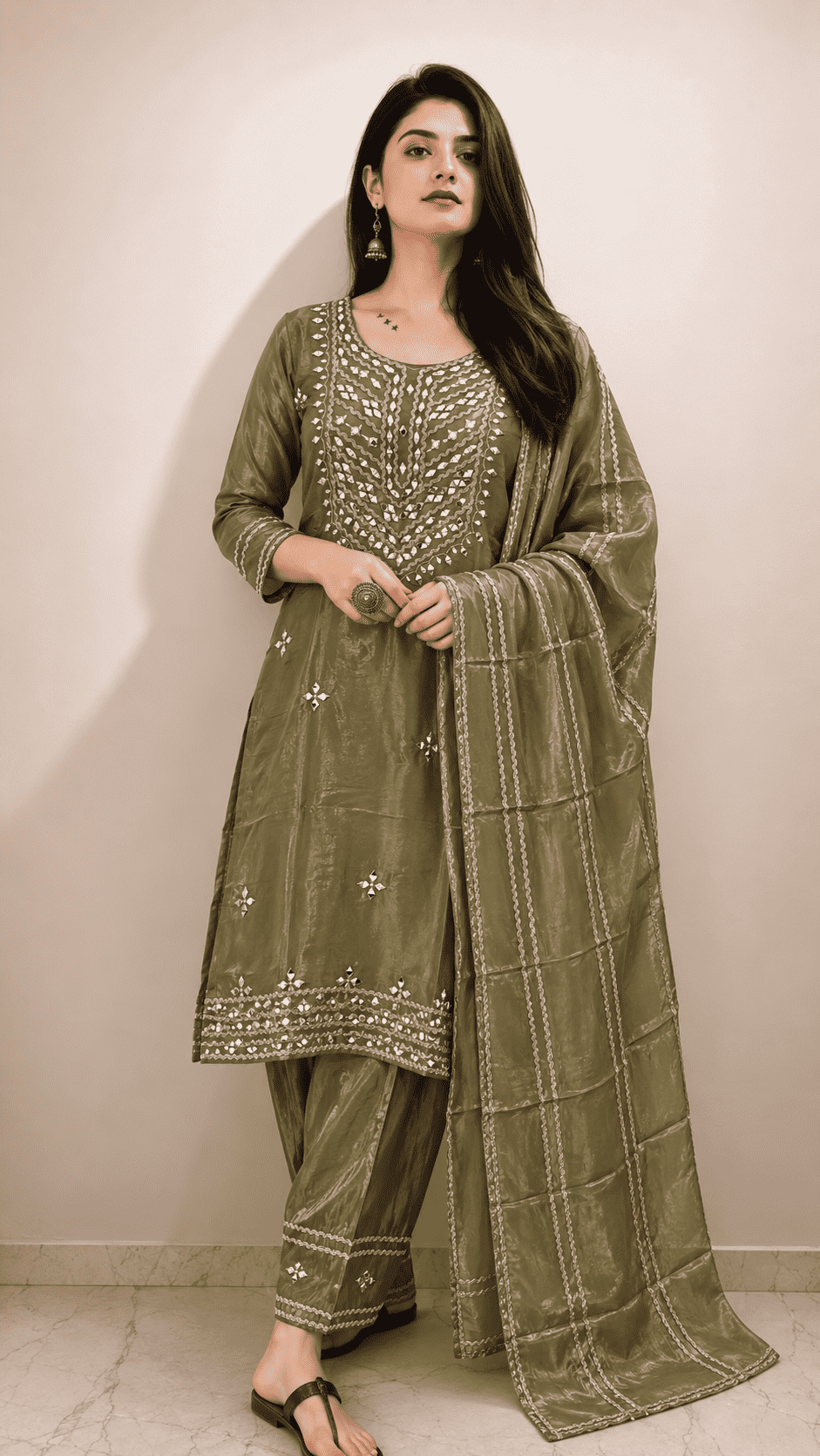 Olive Green Embroidered Tissue Shimmer Kurta Pant and Dupatta